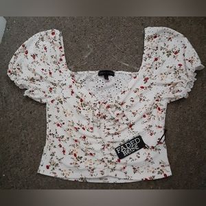 Faded Rose Crop Top Floral Shirt Blouse Size Large